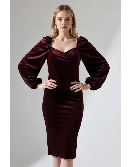 Kadın Kalp Yaka Balon Kol Kadife Midi Elbise