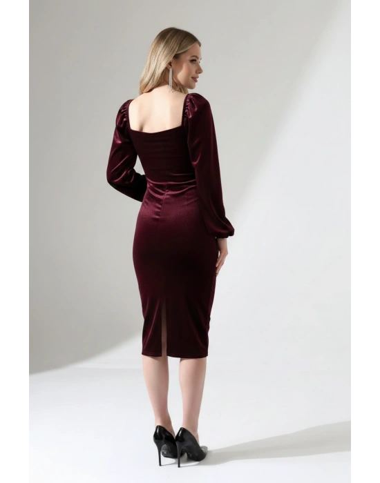Kadın Kalp Yaka Balon Kol Kadife Midi Elbise