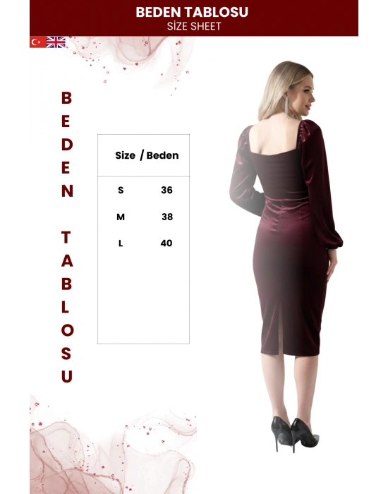 Kadın Kalp Yaka Balon Kol Kadife Midi Elbise