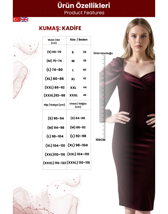 Kadın Kalp Yaka Balon Kol Kadife Midi Elbise