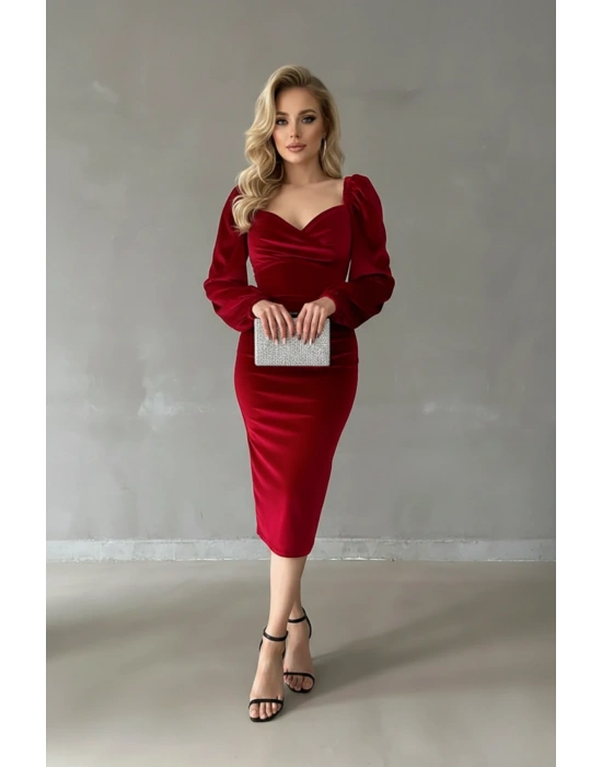 Kadın Kalp Yaka Balon Kol Kadife Midi Elbise