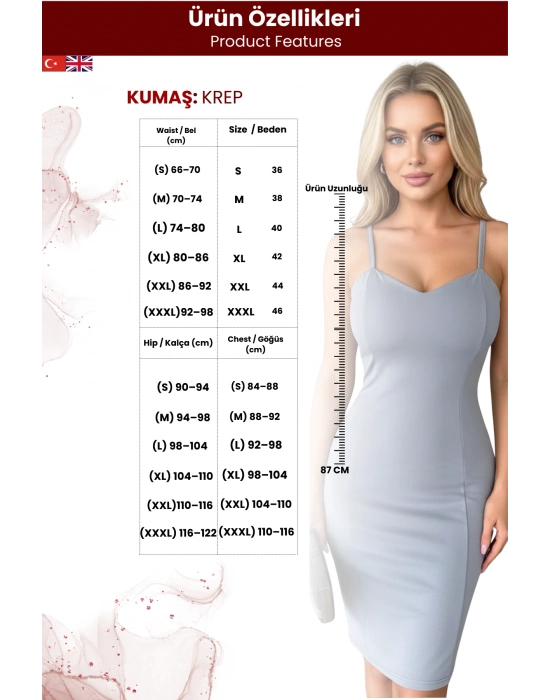 Kadın Kalp Yaka Kalın Askılı Krep Kumaş Kalem Elbise