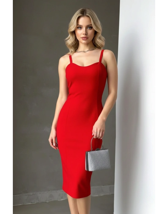 Kadın Kalp Yaka Kalın Askılı Krep Kumaş Kalem Elbise