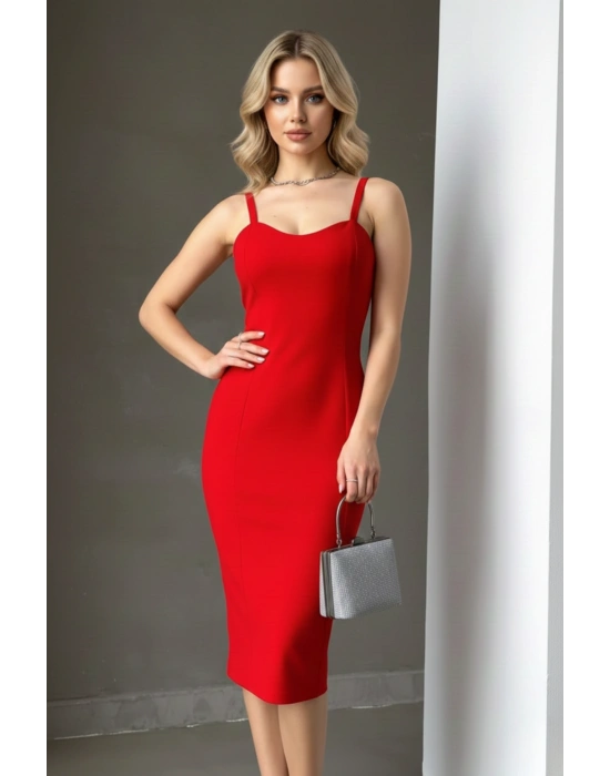 Kadın Kalp Yaka Kalın Askılı Krep Kumaş Kalem Elbise