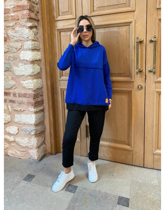 Kadın Kapşonlu Etek Ucu Detay Armalı Ters Dikiş Gorunumlu Ikili Takım