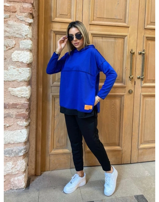 Kadın Kapşonlu Etek Ucu Detay Armalı Ters Dikiş Gorunumlu Ikili Takım