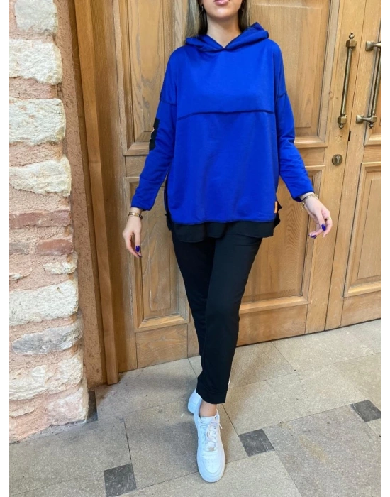 Kadın Kapşonlu Etek Ucu Detay Armalı Ters Dikiş Gorunumlu Ikili Takım