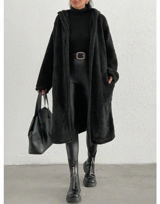 Kadın Kapüşon Ve Cep Detay Uzun Astarsız Wellsoft Ceket