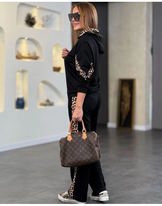 Kadın Kapüşonlu Leopar Detay Sweat Ve Yüksek Bel Yanları Leopar şeritli Bol Paça Pantolon Ikili Takım