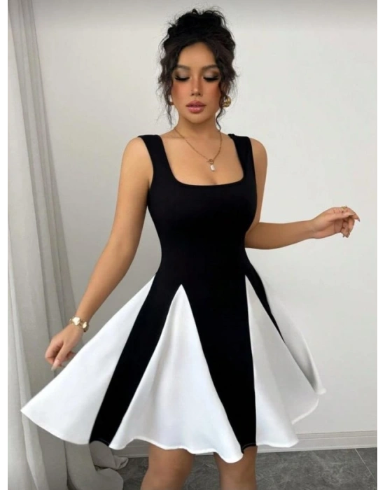 Kadın Kare Yaka çift Renk çan Etek Detay Mini Elbise