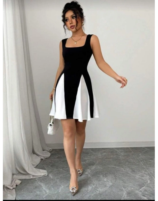 Kadın Kare Yaka çift Renk çan Etek Detay Mini Elbise