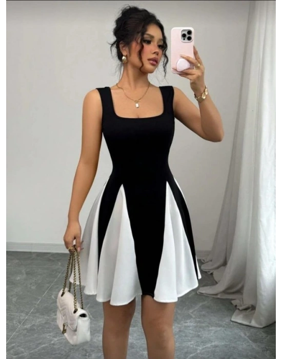 Kadın Kare Yaka çift Renk çan Etek Detay Mini Elbise