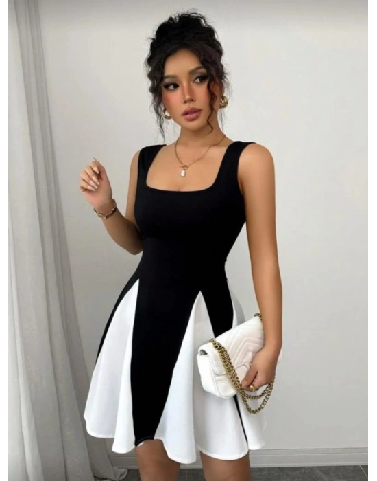 Kadın Kare Yaka çift Renk çan Etek Detay Mini Elbise