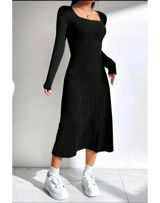 Kadın Kare Yaka Fitilli Kaşkorse Kumaş Midi Boy Elbise