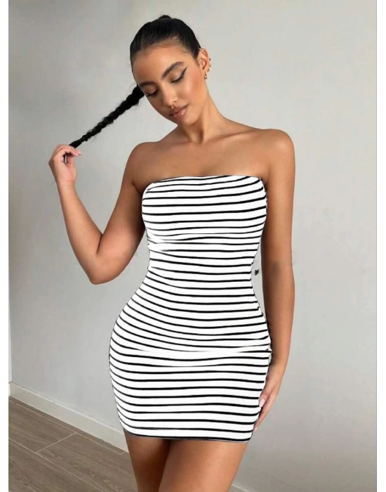 Kadın Kaşkorse Kumaş Çizgi Desenli Mini Elbise