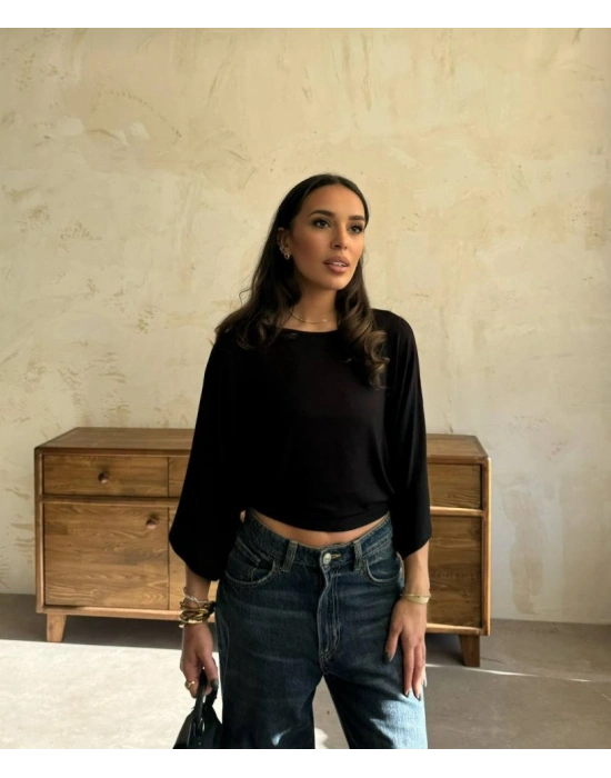 Kadın Kayık Yaka Yarasa Kol Dökümlü Kısa Bluz