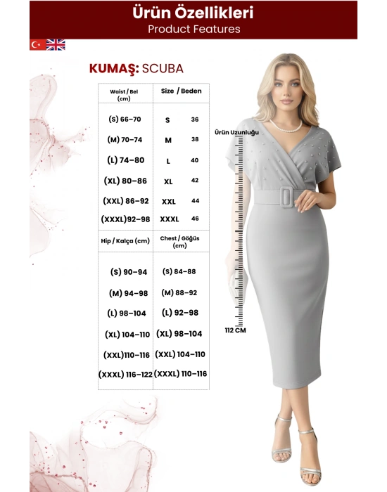 Kadın Kemerli Scuba Kumaş İnci Detaylı Elbise