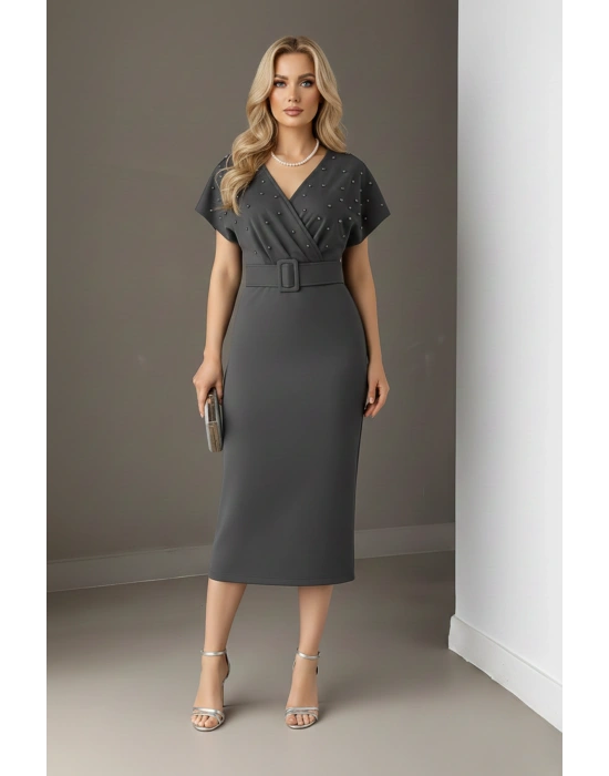 Kadın Kemerli Scuba Kumaş İnci Detaylı Elbise