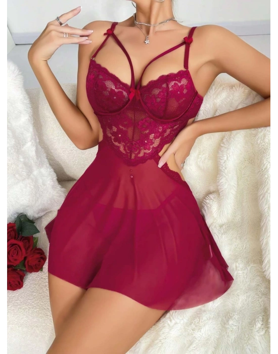 Kadın Kırmızı Fantezi Gecelik Tül Göğüs Dantel Dekolteli Fiyok detaylı 2162