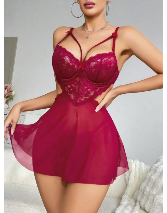 Kadın Kırmızı Fantezi Gecelik Tül Göğüs Dantel Dekolteli Fiyok detaylı 2162