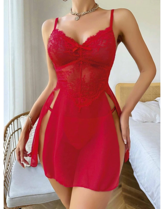 Kadın Kırmızı Fantezi Gecelik Tül Fiyonk detaylı Yanları Dekolteli 2160