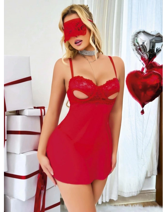 Kadın Kırmızı Göğüs Dekolteli Göz Bağlamalı Tül Gecelik Tanga Takım 2180