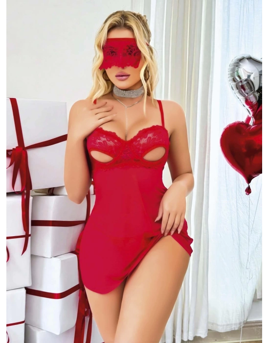 Kadın Kırmızı Göğüs Dekolteli Göz Bağlamalı Tül Gecelik Tanga Takım 2180