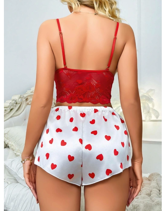 Kadın Kırmızı Kalp Desenli Şort Askılı Dantel Üst Pijama Takımı 2218