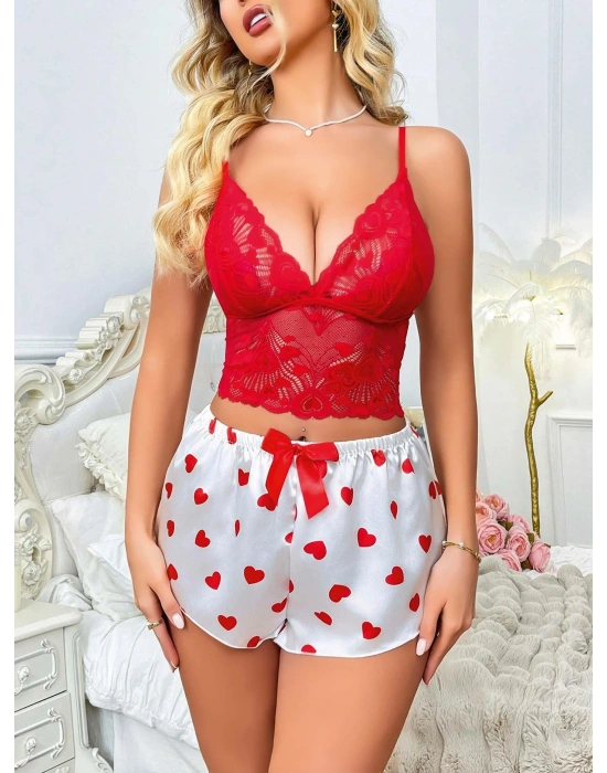 Kadın Kırmızı Kalp Desenli Şort Askılı Dantel Üst Pijama Takımı 2218