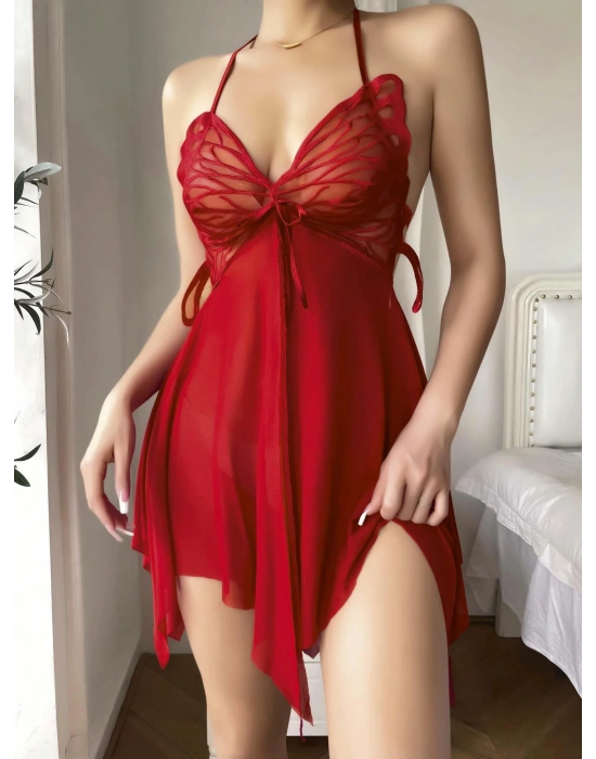 Kadın Kırmızı Kelebek Detaylı Tül Fantezi Gecelik 2246