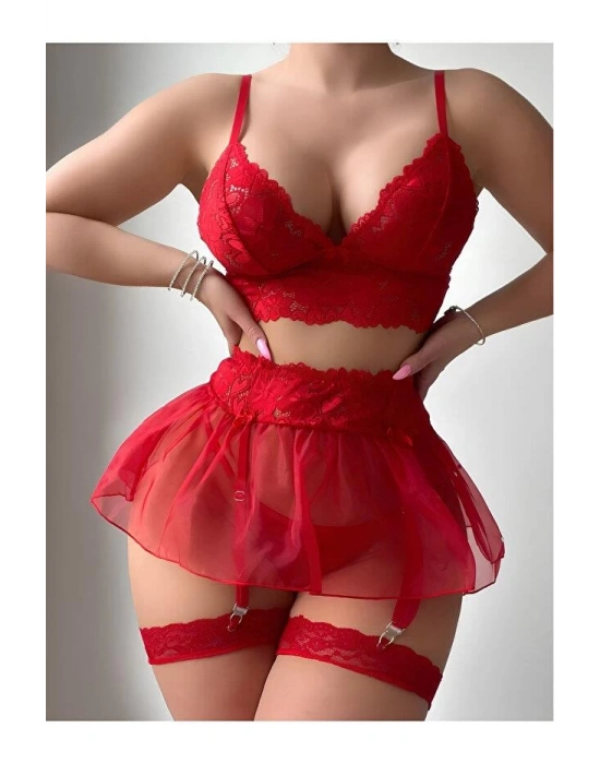 Kadın Kırmızı Kısa Tül Fantezi Kostüm 2199