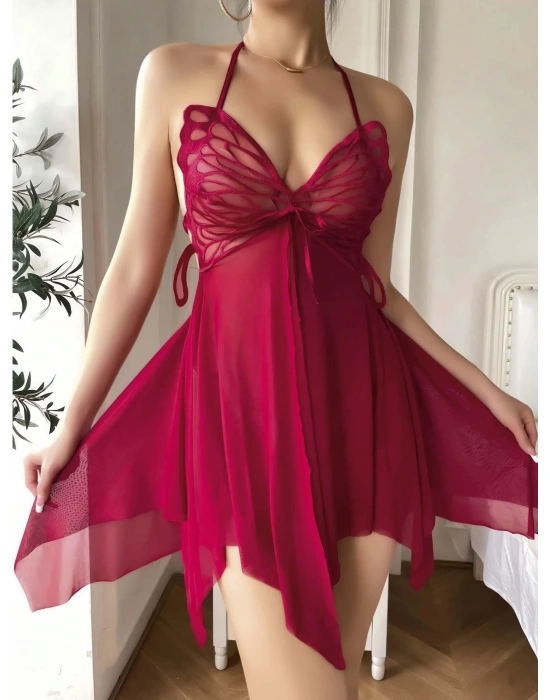 Kadın Kırmızı Transparan Kelebek Detaylı Tül Fantezi Gecelik 2245