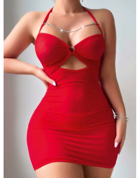 Kadın Kırmızı Tül Zincir Detaylı Fantezi Gecelik 2177