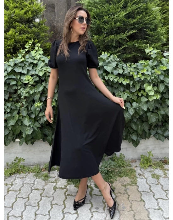 Kadın Kısa Balon Kollu Bisiklet Yaka Geniş Kesim Janjan Krep Elbise