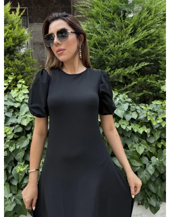 Kadın Kısa Balon Kollu Bisiklet Yaka Geniş Kesim Janjan Krep Elbise