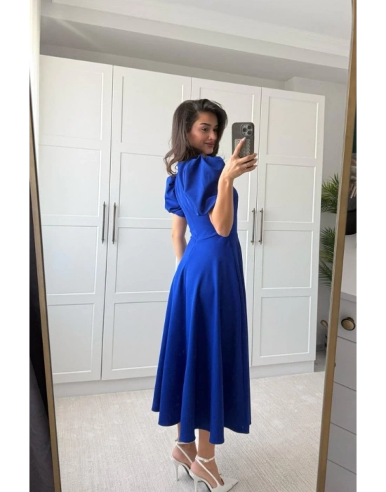 Kadın Kısa Balon Kollu Bisiklet Yaka Geniş Kesim Janjan Krep Elbise