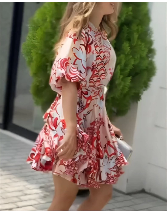 Kadın Kısa Balon Kollu Yuvarlak Yakalı Pileli Desenli Mini Elbise
