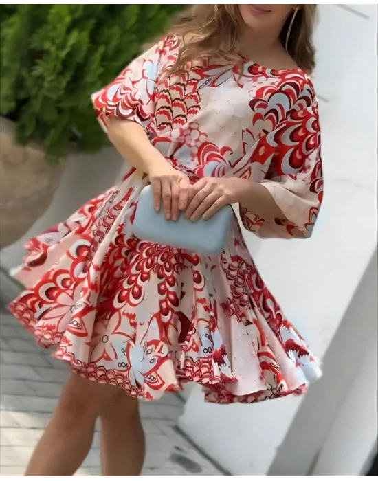 Kadın Kısa Balon Kollu Yuvarlak Yakalı Pileli Desenli Mini Elbise