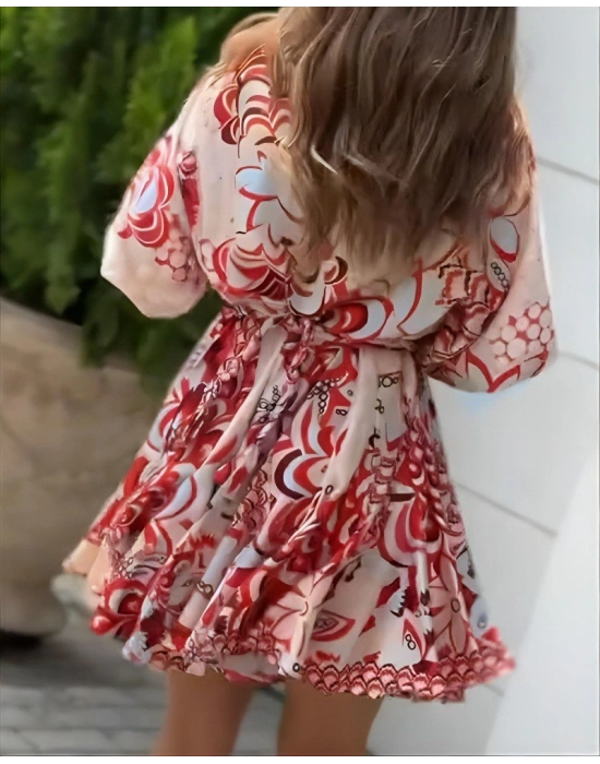 Kadın Kısa Balon Kollu Yuvarlak Yakalı Pileli Desenli Mini Elbise