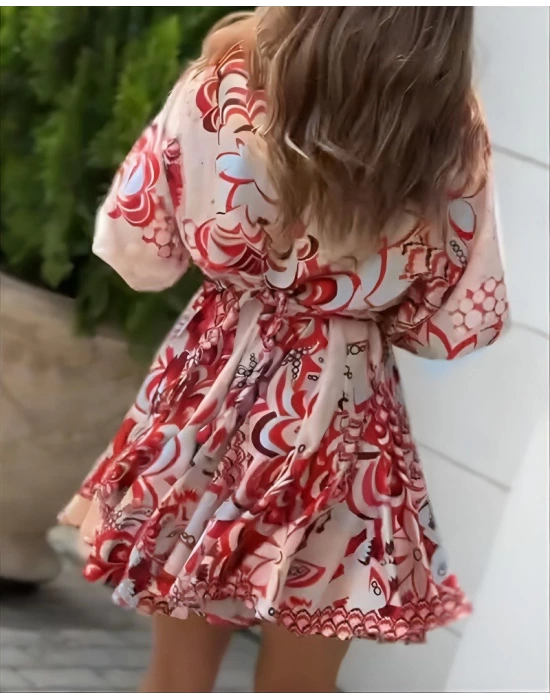 Kadın Kısa Balon Kollu Yuvarlak Yakalı Pileli Desenli Mini Elbise