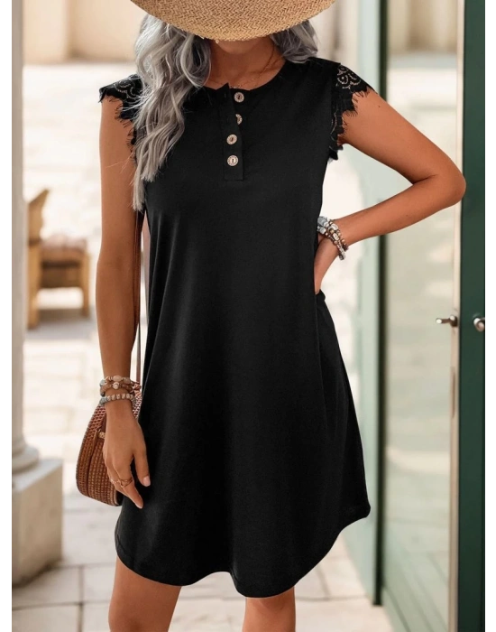 Kadın Kısa Dantel Kollu önden Düğmeli Viskon Elbise