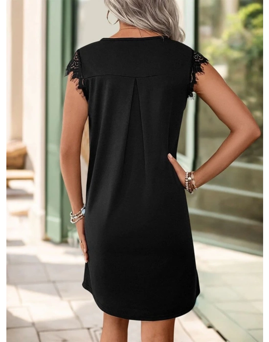 Kadın Kısa Dantel Kollu önden Düğmeli Viskon Elbise