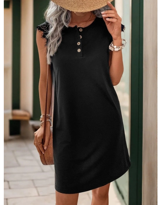 Kadın Kısa Dantel Kollu önden Düğmeli Viskon Elbise