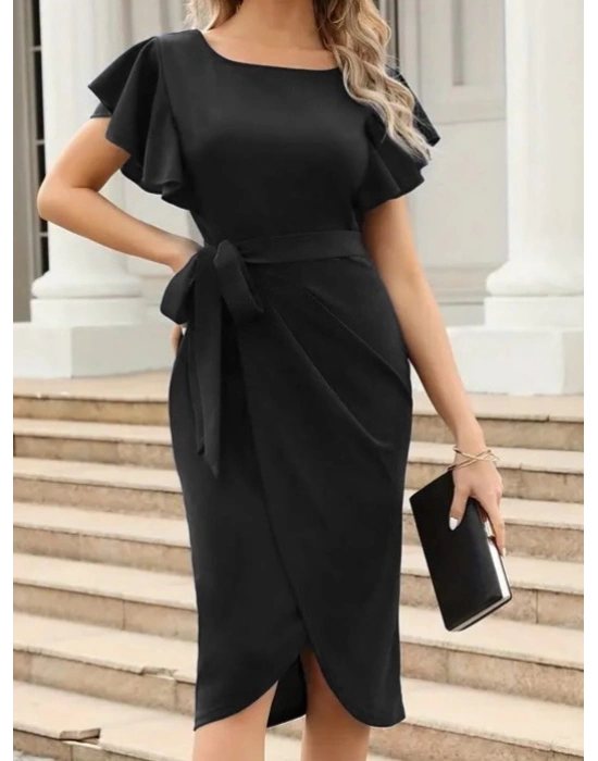 Kadın Kısa Fırfır Kollu Yakası Açık Belden Kuşaklı çapraz Kesim Detaylı Ithal Krep Elbise