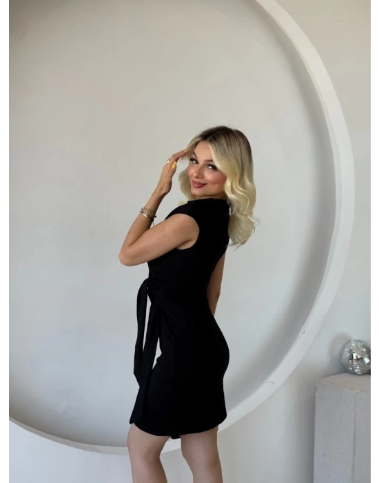 Kadın Kısa Kap Kollu Bisiklet Yaka Belden Bağlamalı Modal Mini Elbise