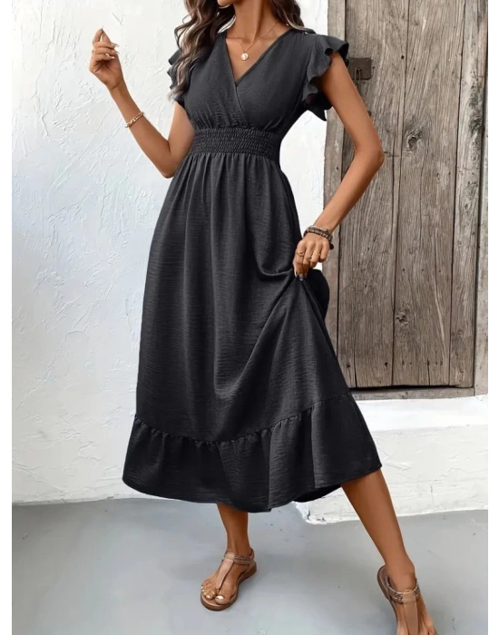 Kadın Kısa Kelebek Kollu Kruvaze Yakalı Beli Lastikli Aerobin Elbise