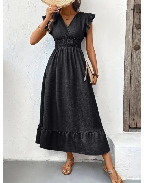 Kadın Kısa Kelebek Kollu Kruvaze Yakalı Beli Lastikli Aerobin Elbise