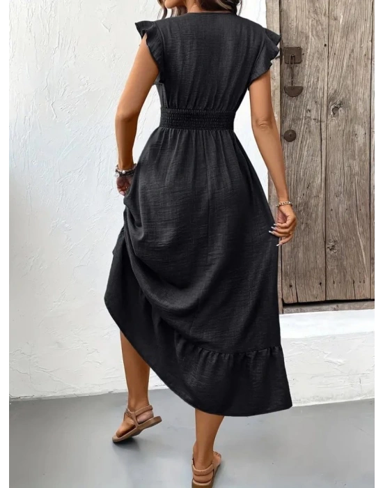 Kadın Kısa Kelebek Kollu Kruvaze Yakalı Beli Lastikli Aerobin Elbise