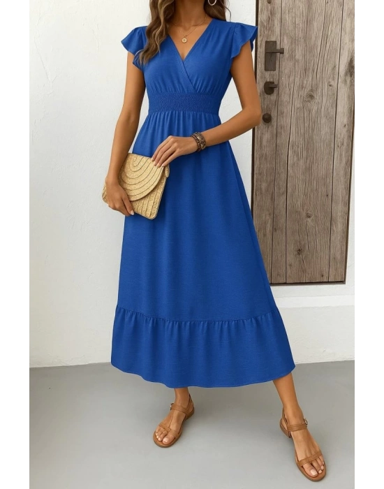 Kadın Kısa Kelebek Kollu Kruvaze Yakalı Beli Lastikli Aerobin Elbise