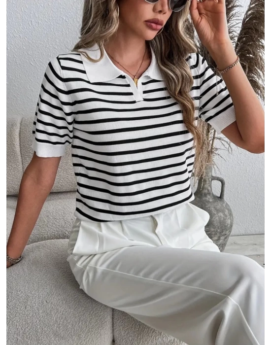 Kadın Kısa Kol Polo Yaka çizgi Desen Triko Bluz